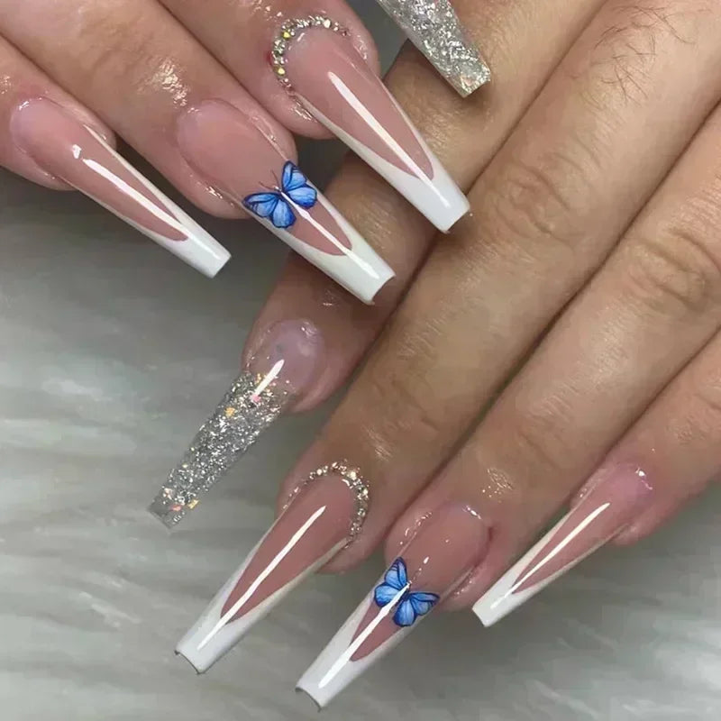 24Pcs Long Ballerina False Nails Press on Nails Serpentine Flower with Rhinestones French Fake Nails Wearable White Nail Tips