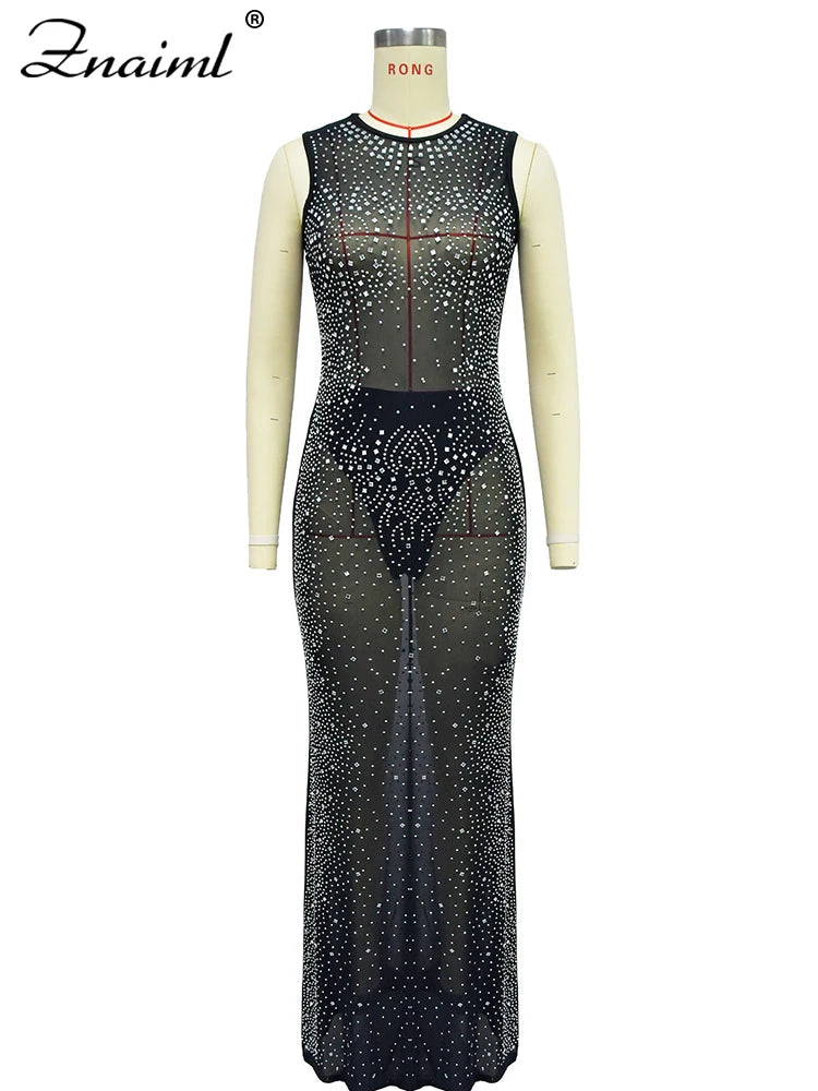 Luxury Sparkly Crystal Rhinestone Christmas Evening Bodycon Long Dress Women's Mesh See Through Birthday Night Vestidos