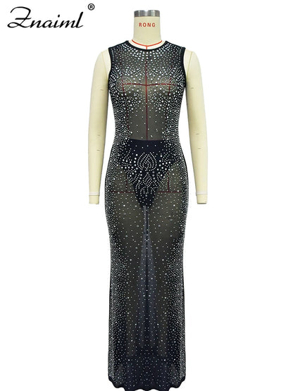 Luxury Sparkly Crystal Rhinestone Christmas Evening Bodycon Long Dress Women's Mesh See Through Birthday Night Vestidos