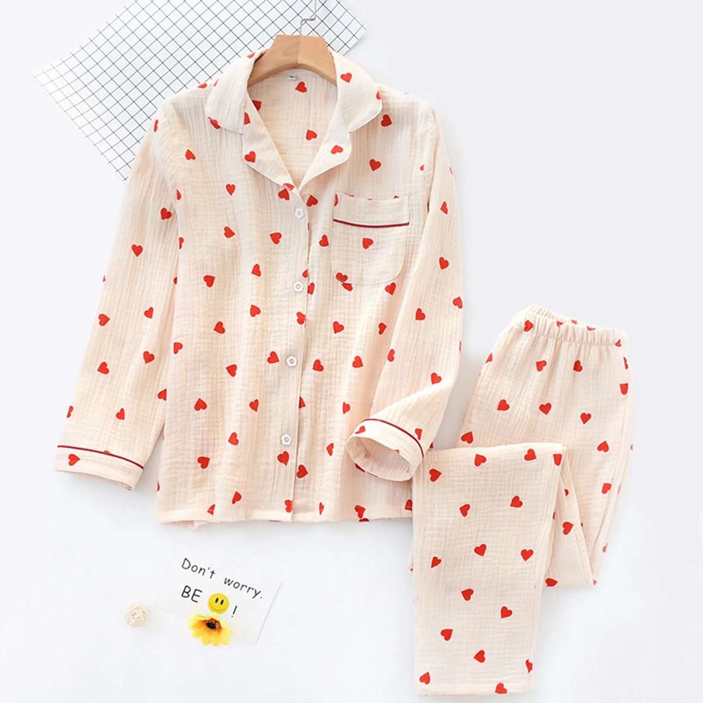 2pc Cotton Pajamas Set Women's Sweet Little Love Cute Two Piece Pijama Jacket Shirts & Long Pant Loungewear Cozy Crepe Homewear