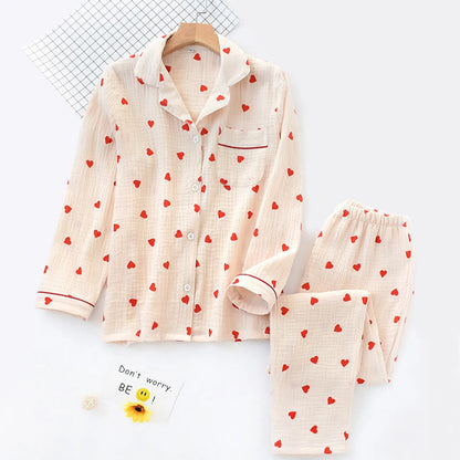 2pc Cotton Pajamas Set Women's Sweet Little Love Cute Two Piece Pijama Jacket Shirts & Long Pant Loungewear Cozy Crepe Homewear