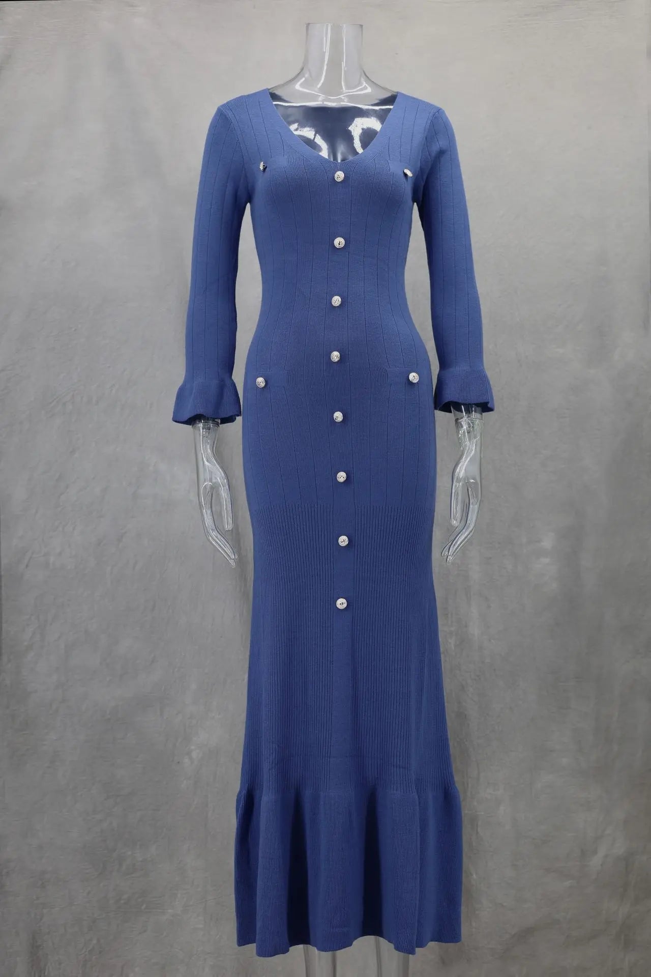 Elegant Knitted Long Dress Women Flare Sleelve V Neck Ruffles