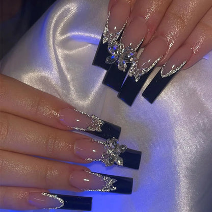 24Pcs Full Cover False Nails With Glue Long Square Coffin Fake Nails French Detachable Ballet Butterfly Pattern Design Press On