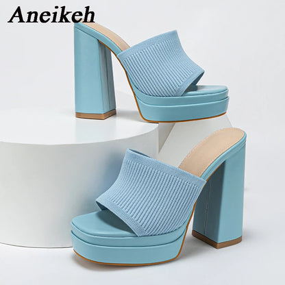 Aneikeh Sexy Knitted Woolen Chunky Platform Sandal Heels Women's Peep Toe High Heel