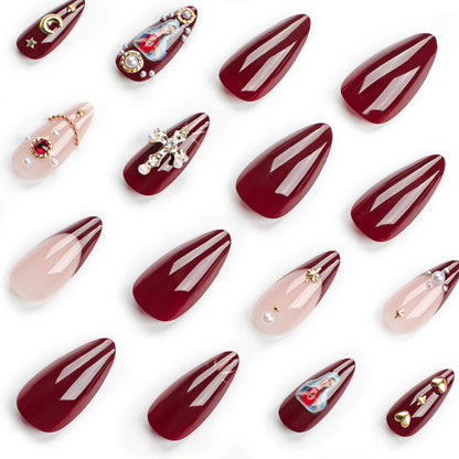 Ramadan Style False Nails with Gold Moon Star Design Almond Red French