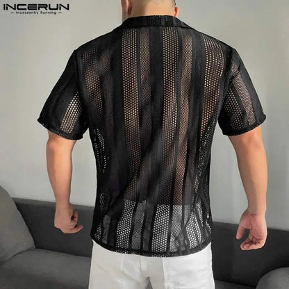 INCERUN Men's Shirt Mesh Transparent Lapel Short Sleeve