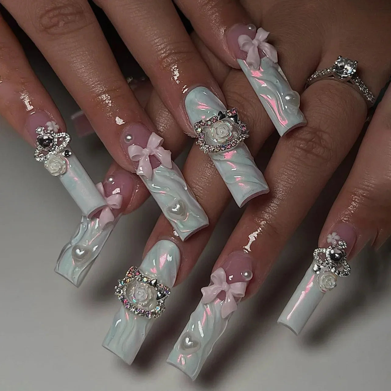 24Pcs White Butterfly False Nails Long Ballet Coffin Pearls with French Design Wearable Fake Nails Full Cover Press on Nail Tips