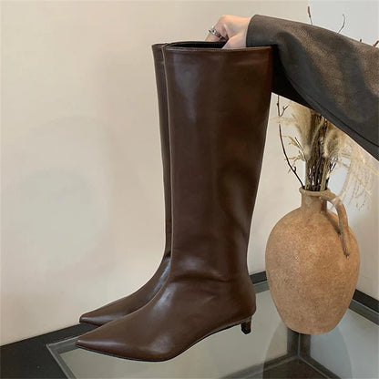 High Quality Soft Leather Pointed Toe Knee-High Boots Woman Cosy Slip-On Low Heels