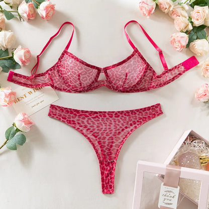 2 Pieces Sexy Leopard Print Transparent Underwire Bra Panty Set Sexy Lingerie Thin Seducing Mesh Printed Women's Underwear
