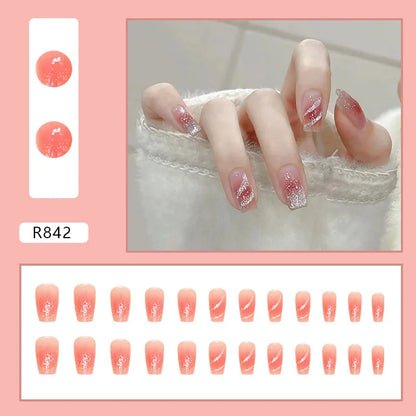 Sweet Mountain Tea Wearable Pink Press On Fake Nails Tips With Glue false nails design Butterfly Lovely Girl false nails