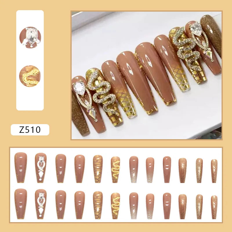 24pcs Artifical Fake Nails Long Coffin French Ballerina Wearable False Nail Tips Finished Rhinstones Flower Design Press on Nail