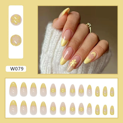 24pcs/Box Ballerina Nail Tip Purple with Design Manicure Patches Fresh Floral Almond False Nails Press on Med Nails Detachable