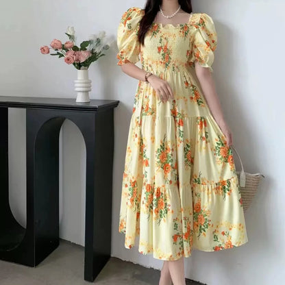 Korean Fashion Floral Print 2025 Party Dress Summer Short Puff Sleeve Vacation Women Long Dress Beach Vestidos