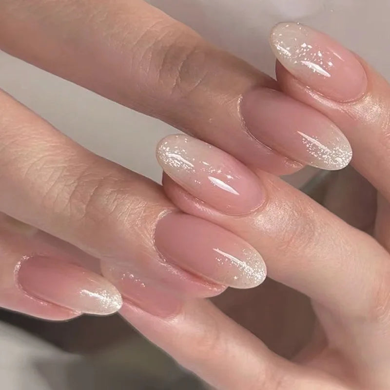 24Pcs Short Square Nude Fake Nails Art White Edge Glossy Artificial French False Nails Removable Full Cover Press on Nail Tips