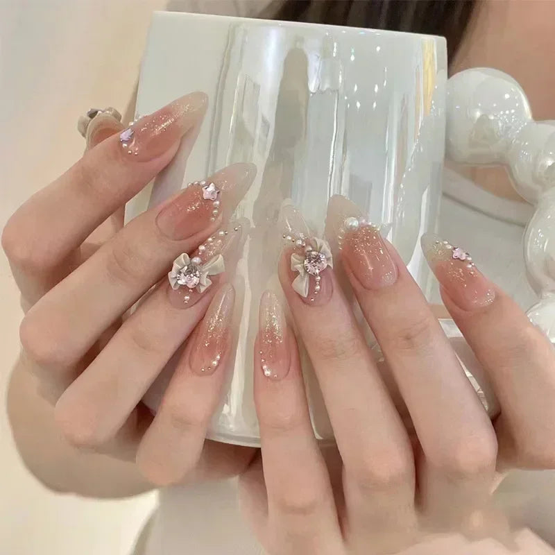 24Pcs Pink Almond French Press on Nails With 3D Bow ripple charms Design Fake Nails Ballerina False Nails Full Cover Nail Tips