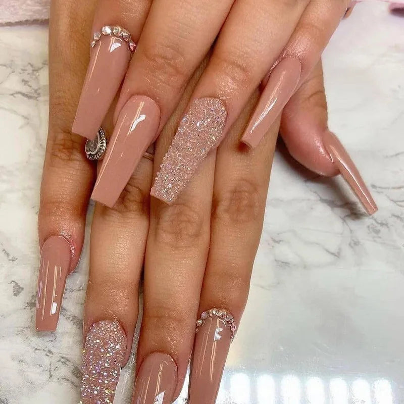 24Ps Super Long Ballet Wearable Fake Nails Blue Diamond Small Flower Press on Nail Stickers Finished Removable False Nail Pieces
