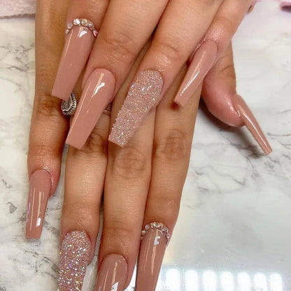 24Ps Super Long Ballet Wearable Fake Nails Blue Diamond Small Flower Press on Nail Stickers Finished Removable False Nail Pieces