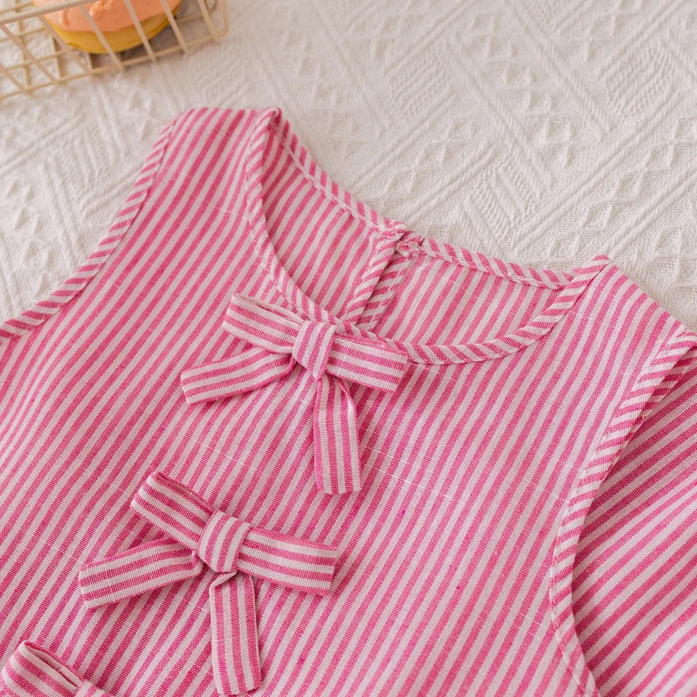 Humor Bear Summer Girls' Suits Pink vertical stripe Bow Sleeveless Vest Top+Pants Two-piece Set Sweet Kids' Clothing Sets