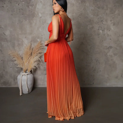 Gradient Color Tie Up Stap Sleeveless Pleated Backless Maxi Dress