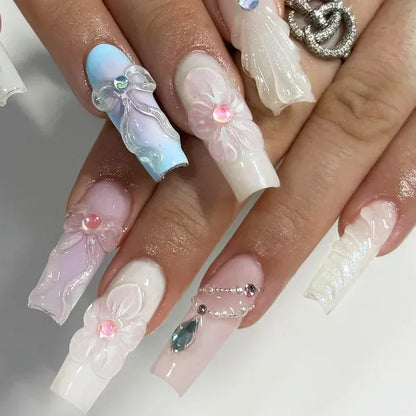 24Pcs Long Ballerina False Nails Press on Nails Serpentine Flower with Rhinestones French Fake Nails Wearable White Nail Tips