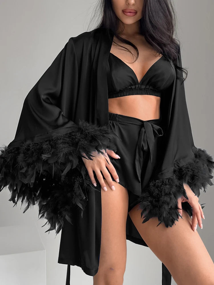 Hiloc Loose Pajamas For Women 3 Piece Sets Feathers Long Sleeve Sleepwear Female Bra Casual Suits With Shorts Autumn Homewear