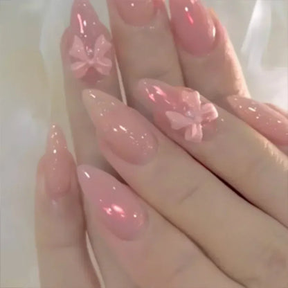 24Pcs Pink Almond French Press on Nails With 3D Bow ripple charms Design Fake Nails Ballerina False Nails Full Cover Nail Tips