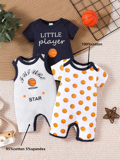 3PCS Boys and Girls Baby Summer and Autumn Short sleeved Climbing jumpsuit Cute Pattern Cotton Soft and Sweat-absorbing