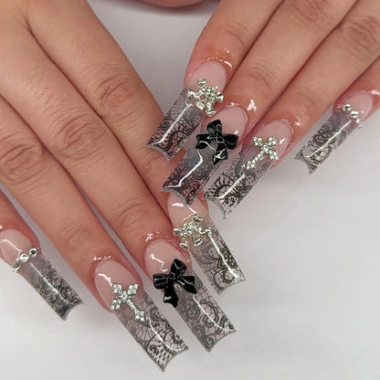 24pcs Artifical Bails With Glue Fake Nail Tips With Design Detachable Press On Nails Long Fake Nail Finished Nail Piece Sticker