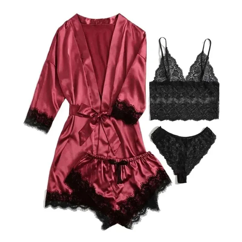 Comfortable Nightwear Lace Satin With Silk Sleepwear Robe Sexy Pajama Pants