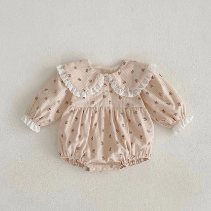 Autumn Infant Girls Full Sleeve Peter Pan Collar Lace Ruched Floral One-piece