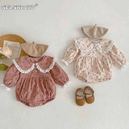 Autumn Infant Girls Full Sleeve Peter Pan Collar Lace Ruched Floral One-piece