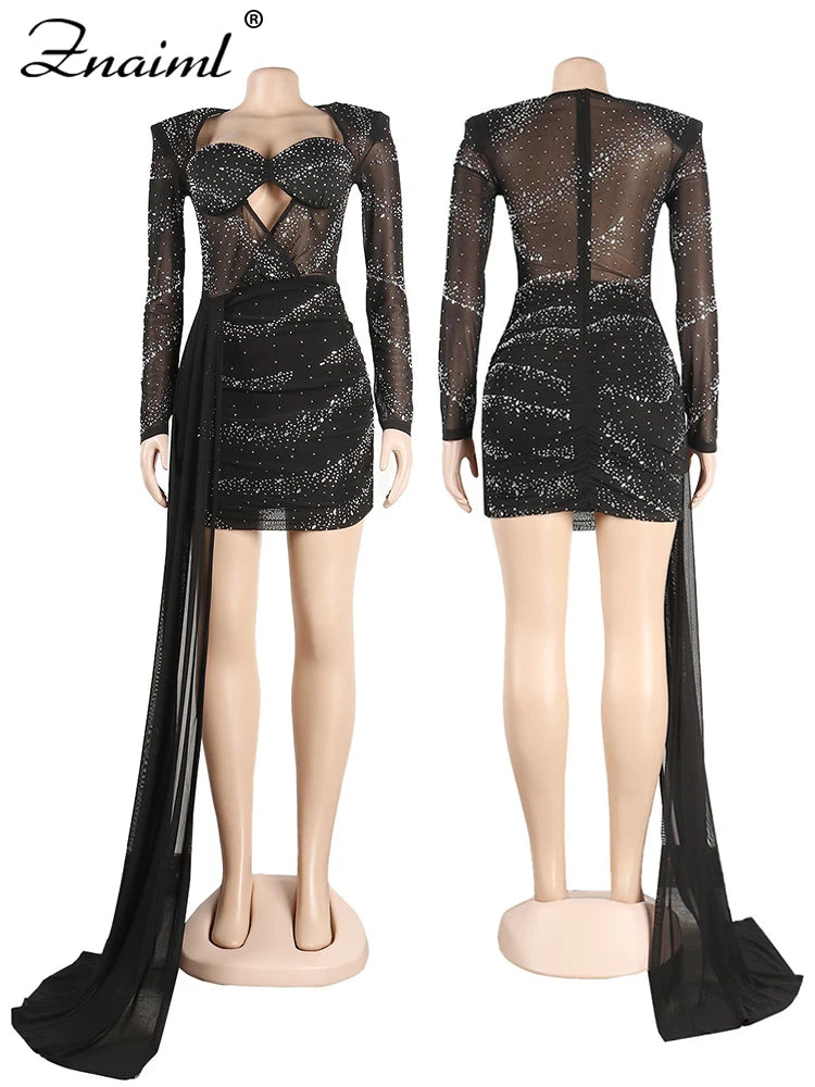 2025 Elegant Evening Sheer Mesh Patchwork Short Dresses Sexy Crystal Rhinestone Celebrity