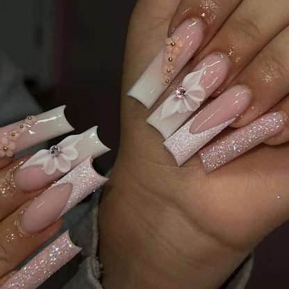 24Pcs White French False Nails Long Ballet Fake Nail with Pearl Bow Flower Design Press on Nails Pink Wearable Square Nails Set