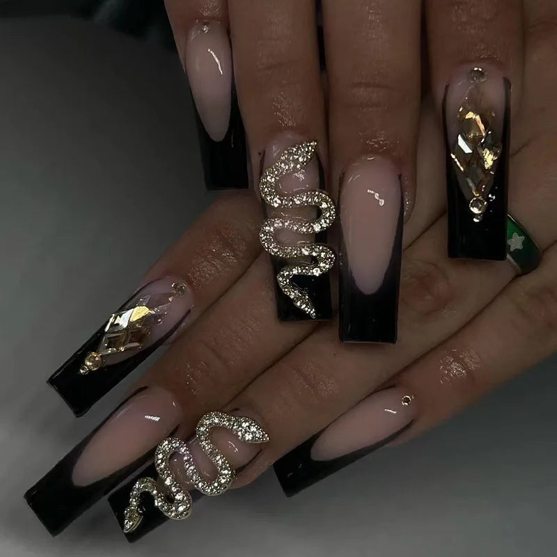 24pcs Pink Fake Nails Beveled Long  French Snake Pattern Wearing Art False Nails Finished Fashion Press on Nail Nail Charms Kit