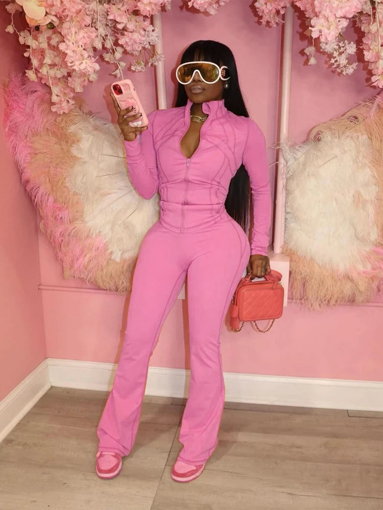 Women Clothes Two Piece Flared Pants Tracksuits Set