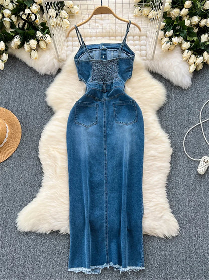 SINGREINY Chic Denim Dress High Quality Sleeveless Buttons Pockets Raw Split Design Women Summer Vintage Strap Dress
