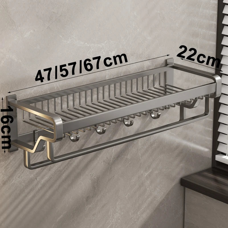 Bathroom Shelf Towel Hanger Rack Wall-mouted Double Rod Mesh Basket