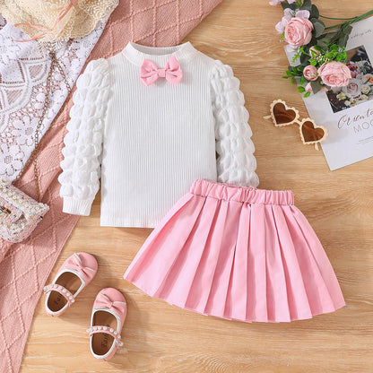 3 Colors Fashion Kids Girls Fall Clothes Sets 3-8Y Long Puff Sleeve Bow Front Tops + Pleated Skirt 2PCS