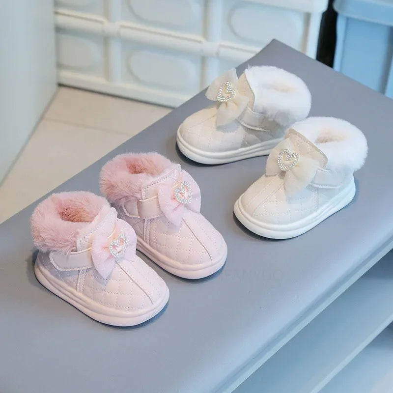 Winter Girl Baby Warm Cotton Boots Fashionable Bow Love Diamond Infant Kids Walking Shoes Cute Waterproof Boy Children Snow Boot