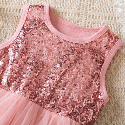 Baby Girls' Red Children's Sequin Sleeveless Mesh Princess Dress Causal Clothing for 2-6Y
