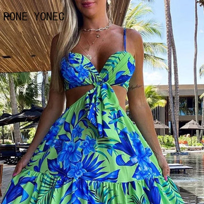 Women Elegant Sexy Spaghetti Straps All Over Print Midriff  Maxi Dress