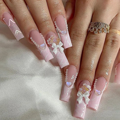 24Pcs Long Ballet False Nails Pink Butterfly with Rhinestones French Design Wearable Fake Nails Glitter Press on Nails Tips Art