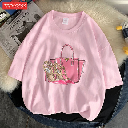 Fashionable Bags And Pink High Heels Print Men Tees Graphic Art T-Shirts High-Quality Cotton Tee Shirt Cotton Loose Clothing