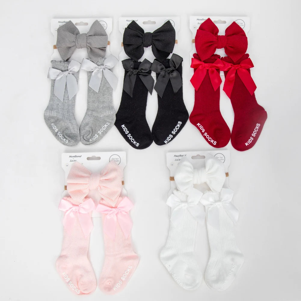 3Pcs/Set Baby Cotton Knee Socks Silk Stain Hair Bow Headbands Non-slip 0-12M Long Leggings Stockings Nylon Hairbands Infant Sock