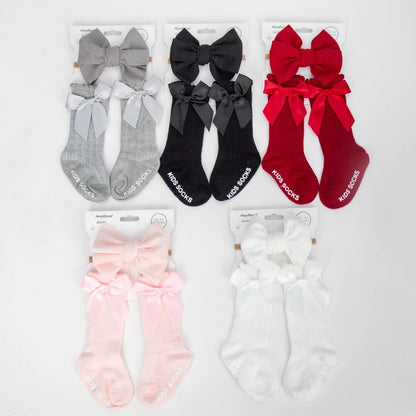 3Pcs/Set Baby Cotton Knee Socks Silk Stain Hair Bow Headbands Non-slip 0-12M Long Leggings Stockings Nylon Hairbands Infant Sock