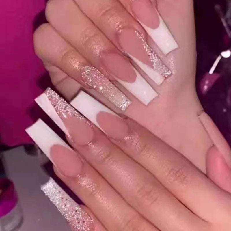 24Ps Super Long Ballet Wearable Fake Nails Blue Diamond Small Flower Press on Nail Stickers Finished Removable False Nail Pieces