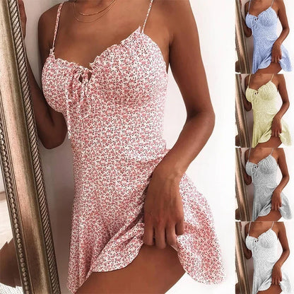 Spaghetti Strap Floral Print Tie Front Mini Dress