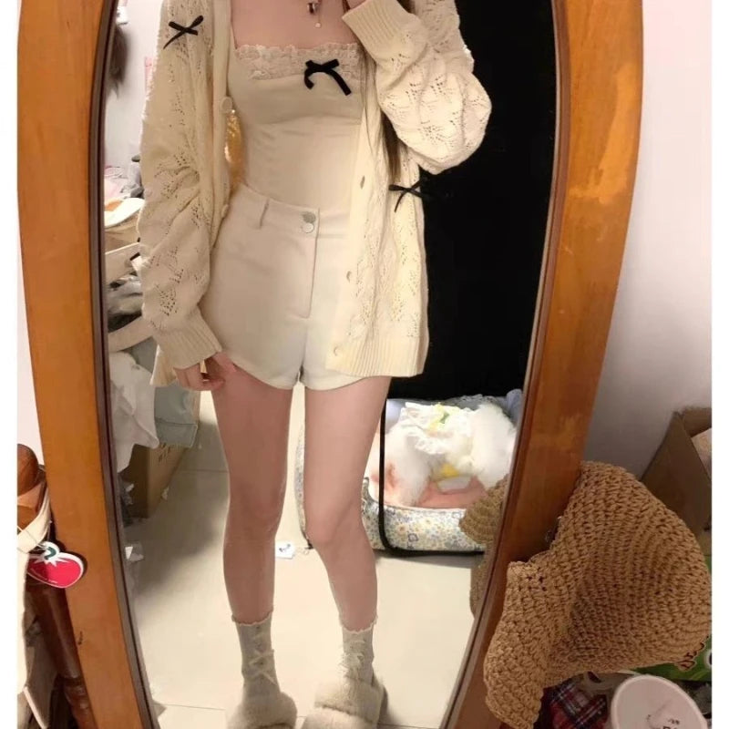 Coquette Cardigan Sweater Woman Kawaii Bow Hollow Knitted Tops