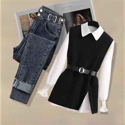 Large Autumn and Winter Suit for Women Vest Shirt Casual Slim Jeans Three Piece Set