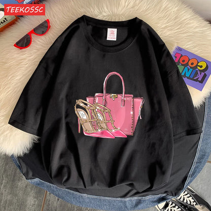 Fashionable Bags And Pink High Heels Print Men Tees Graphic Art T-Shirts High-Quality Cotton Tee Shirt Cotton Loose Clothing